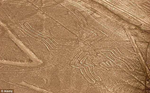 Covering a 450km expanse of coastal desert, the Nazca Lines are oversized artworks etched into the Peruvian plains, pictured. They are thought to have been created by the Nazca people over a 1,000-year period between 500BC and 500AD, but no one knows why