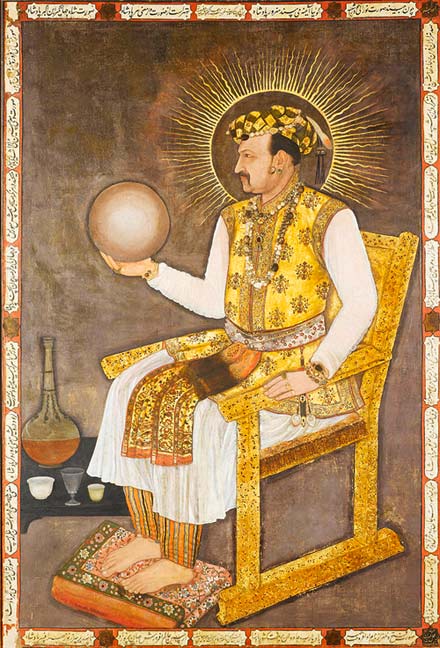 A detailed portrait of the Mughal Emperor Jahangir holding a globe