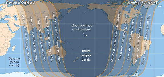 The map shows the visibility regions for the Oct. 8, 2014 total lunar eclipse, which is the second of four consecutive total eclipses of the moon between 2014 and 2015. Sky & Telescope Magazine released this viewing map.