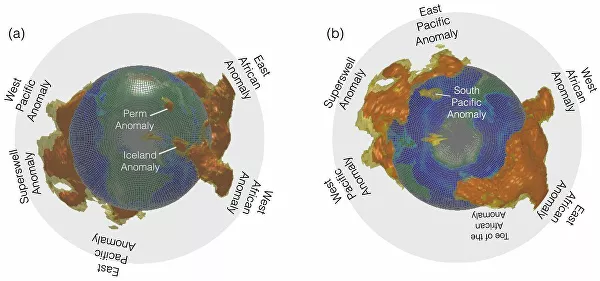 Superplumes (provinces with a low shear rate) at the boundary of the core and mantle look like they look from the North (a) and South (b) poles.  The center shows the core of the Earth with the projection onto it of the contours of the continents;  outer contour - conditional border of the lower mantle
