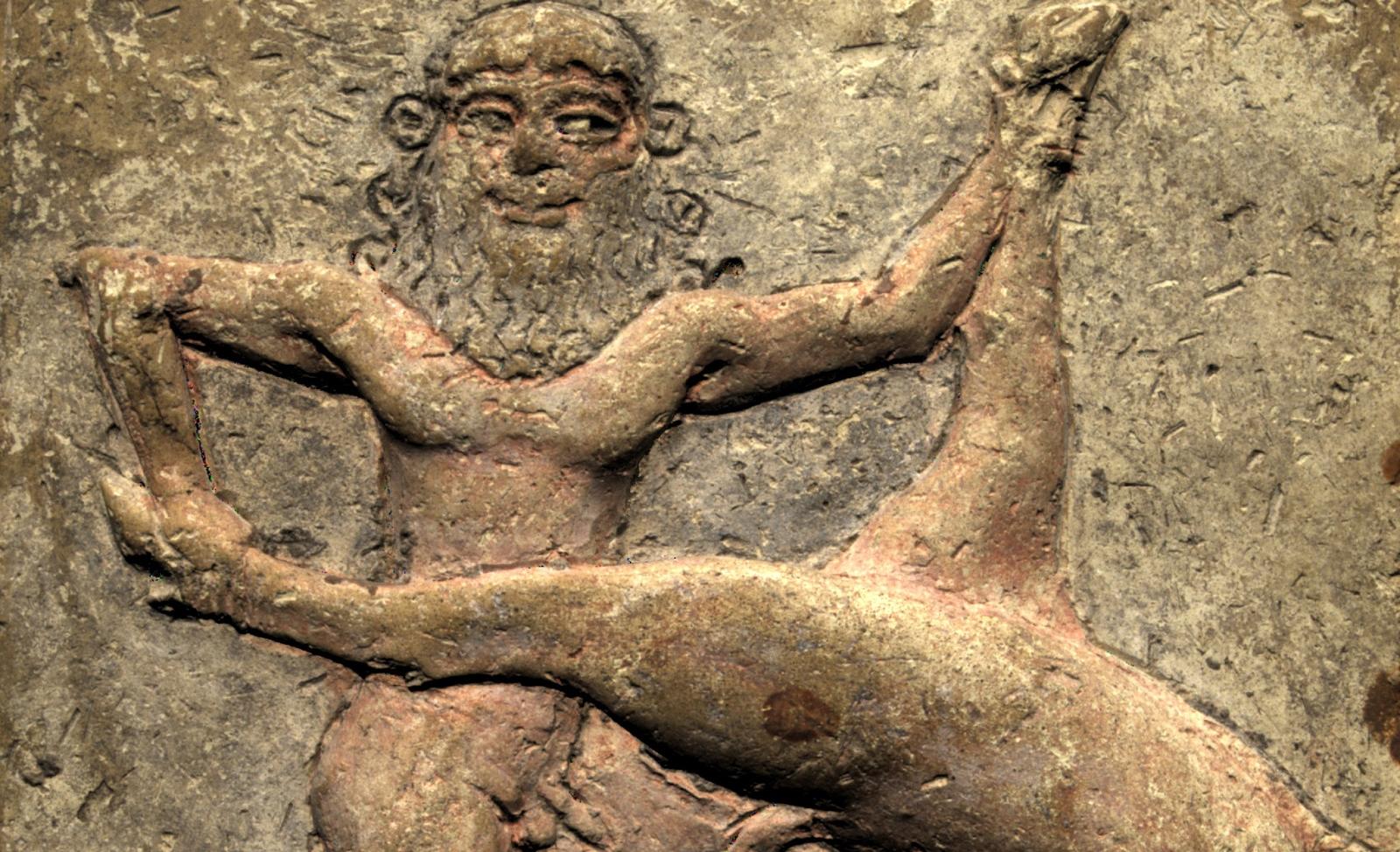 Gilgamesh fights the Heavenly Bull.  Sumerian bas-relief.