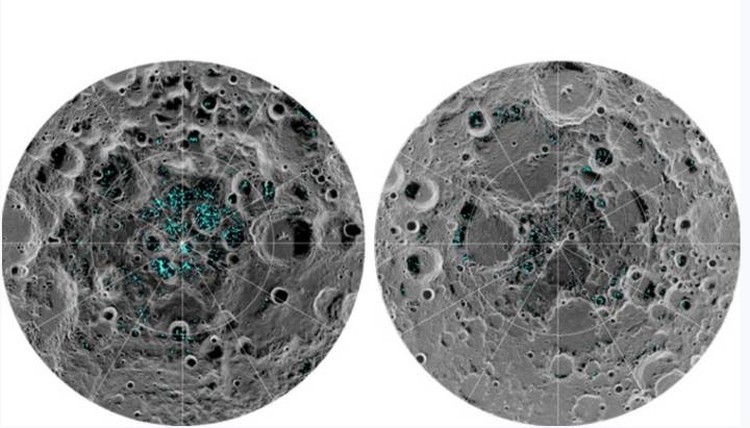 The location of frozen bodies of water at the South (left) and North Poles of the Moon.