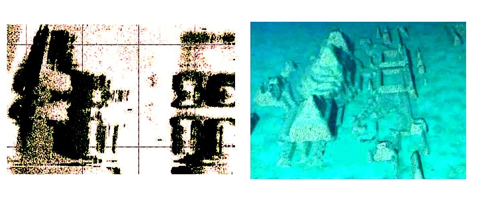 Слева - данные гидролокатора, полученные в результате исследования участка дна, позже названного "Кубинским подводным городом". Справа - компьютерная симуляция, основанная на них. Большинство океанографов склонны полагать, что это просто причудливо выглядящие природные образования / © Кит Фитцпатрик-Мэтьюз | Badarcheology