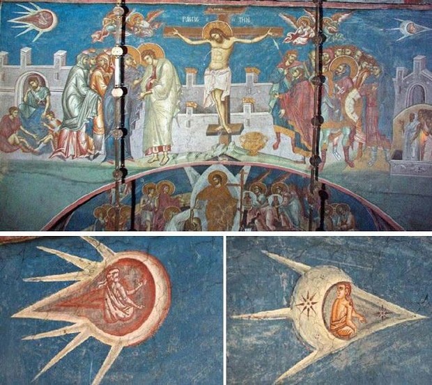 A "Biblical" UFO flying in Earth's orbit looks like a flying ship from the 1350 painting "The Crucifixion of Christ" 2