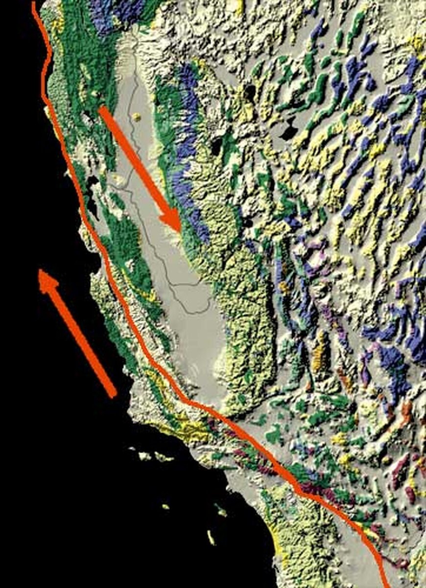  Pfeile zeigen die relative Bewegung der Nordamerikanischen Platte (nach Südosten) und der Pazifischen Platte (nach Nordwesten) Wikipedia